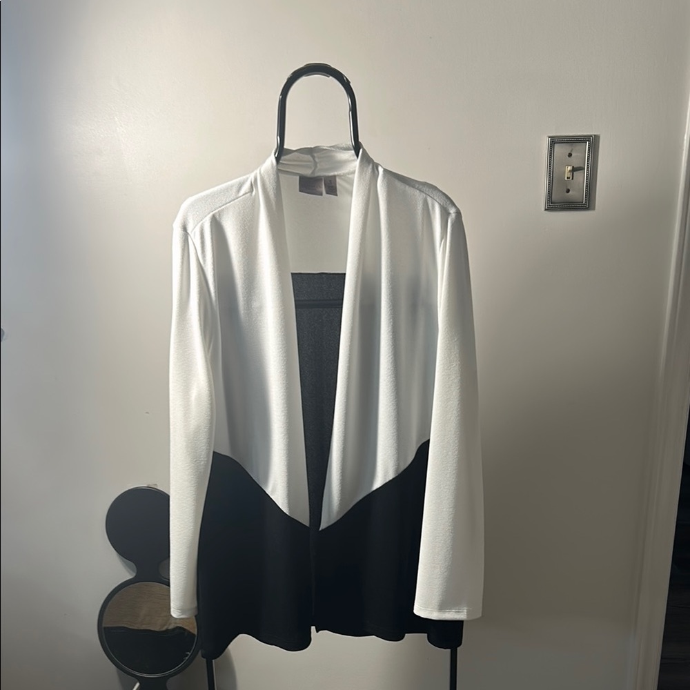 Chico’s Black and White Cardigan with Modern Waterfall Collar